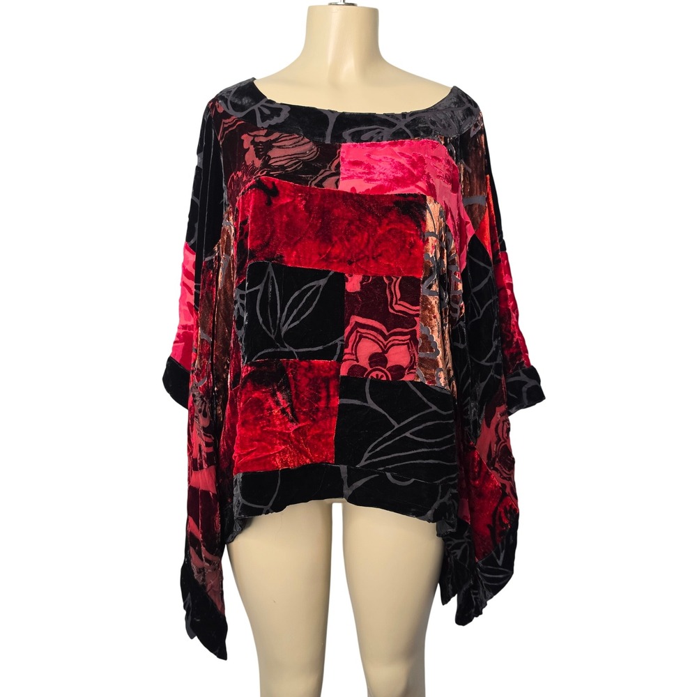 Chico's Design Top Womens M L Red Patchwork Silk Velvet Burnout Kimono Bohemian